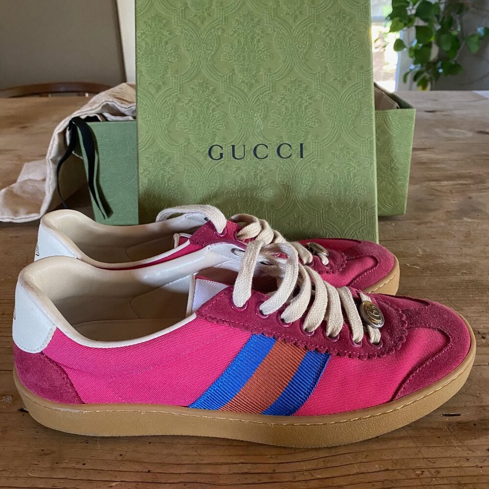 Womens Adidas x Gucci Gazelle hot pink/blue sneakers